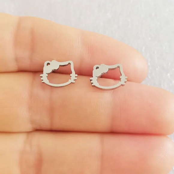 SILVER HELLO KITTY Stainless Steel Minimalist Stud Earrings With Gift Bag - Picture 1 of 7